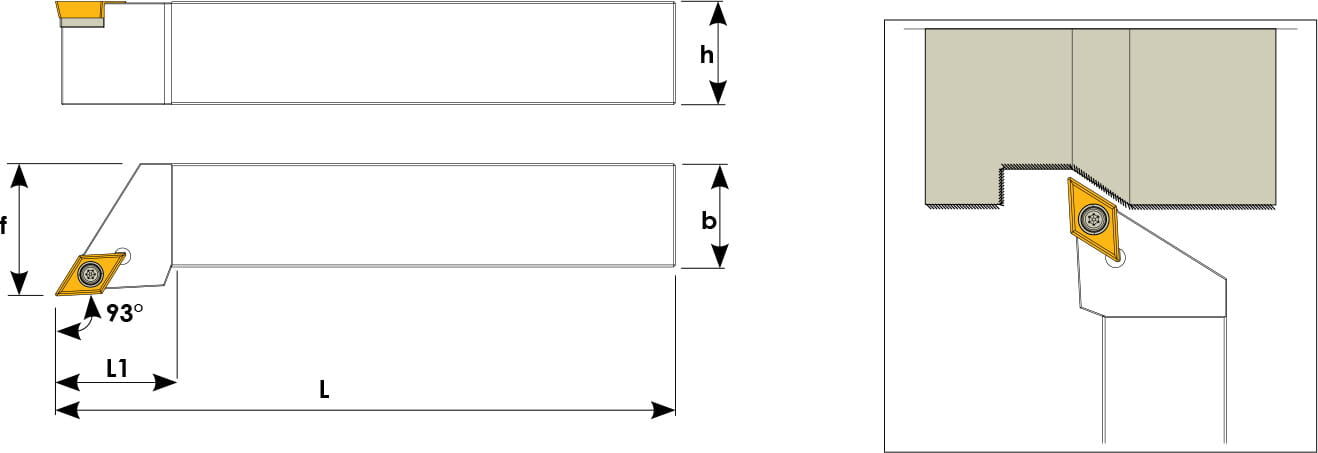 Technische Zeichnung eines Stech-Klemmhalters. Schwarze Linien auf weißem Hintergrund. Die Wendeplatten sind in Gelb angezeigt. Mit Größenangaben. Links befinden sich eine Vorder- und Seitenansicht, links davon ein Benutzungsbeispiel.