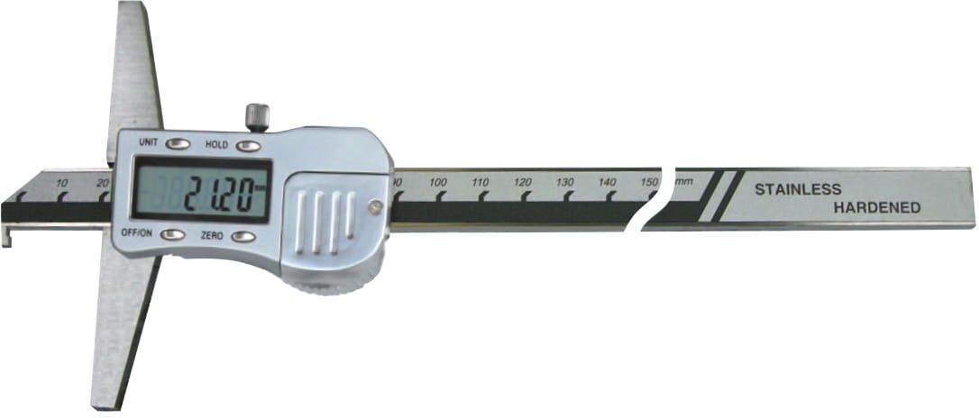200mm Digitales Tiefenmaß, 0,01mm Ablesung, INOX gehärtet, mit Haken, RB 5 Datenausgang, Lieferung in Kasten - Metav IndustryLine