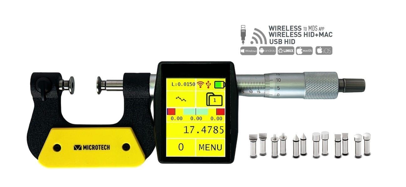 Microtech Universal-Messschraube: Schwarz-gelbes Gehäuse, digitales Display, Anschluss-Icons, Messtaster-Set