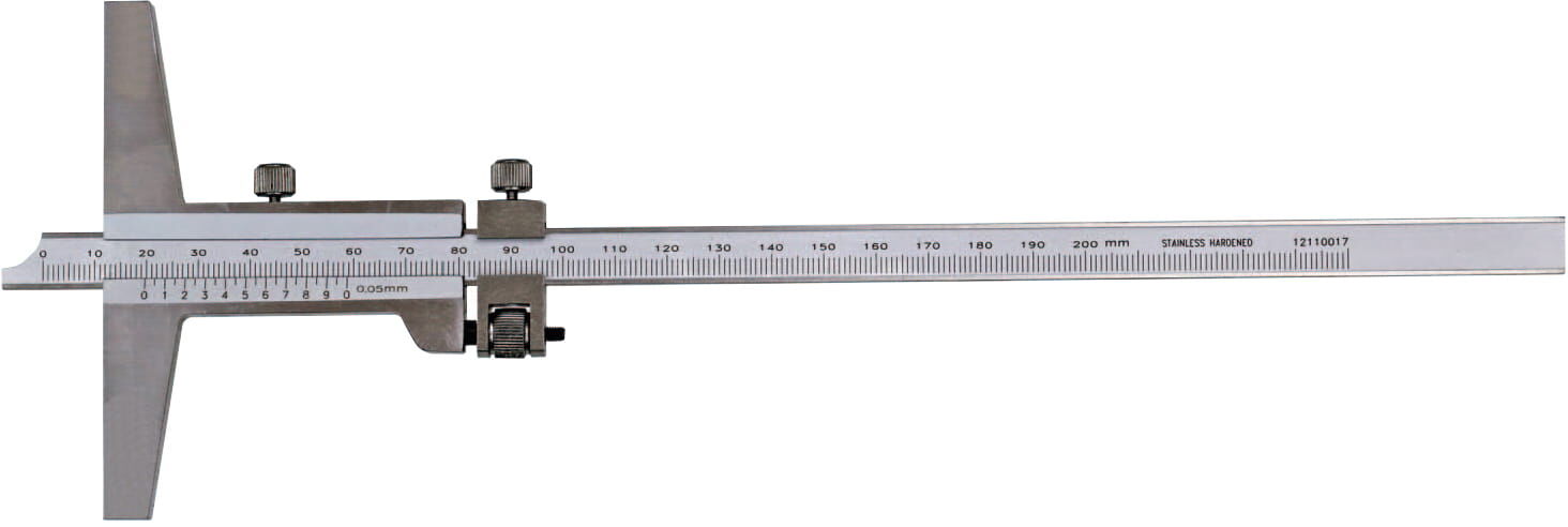 200mm Tiefenmaß, FE 200x100x0,02mm, rostfreier Stahl, Nonius 1/50 mm, Feineinstellung, Lieferung in Kiste - Metav IndustryLine