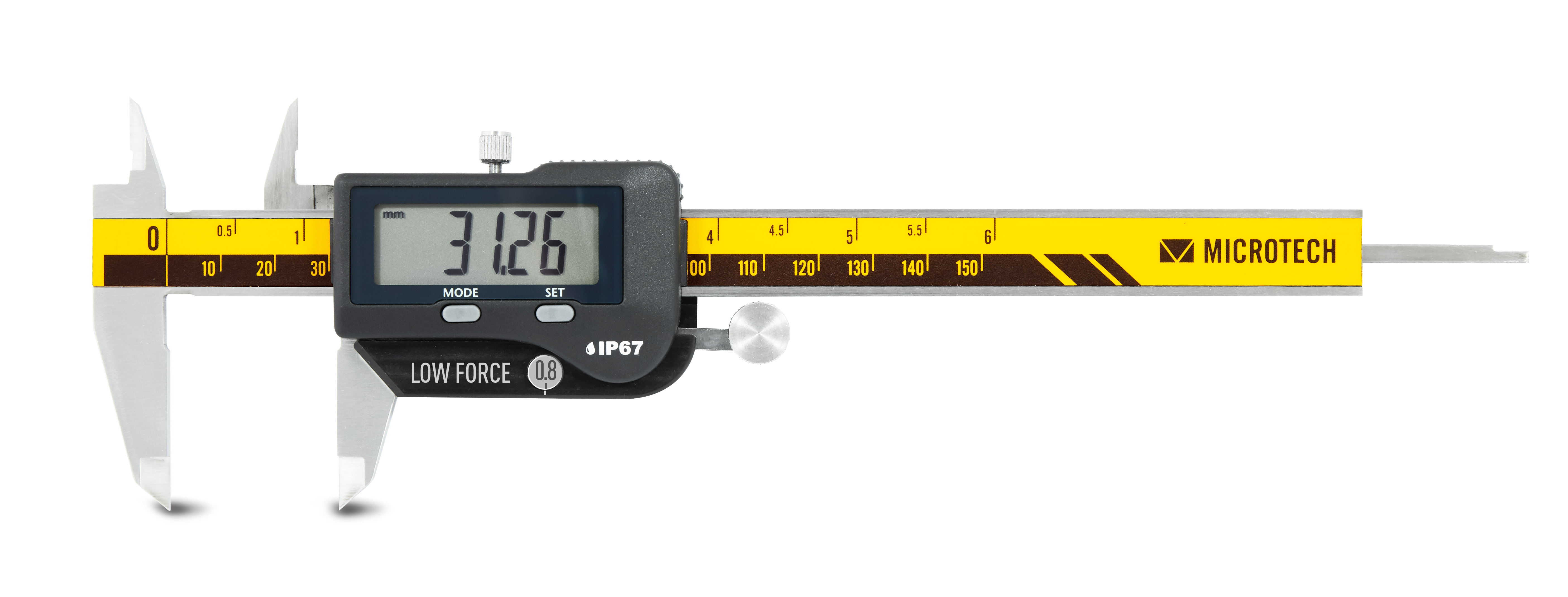 Microtech Digitaler Präzisionsmessschieber 300mm mit Swiss Display, IP67, Wireless, Frontalansicht