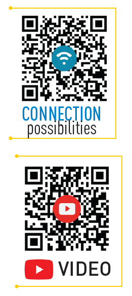 MicrotechData PRO - Zwei QR-Codes: Einer mit WLAN-Symbol für 'Connection possibilities', der andere mit YouTube-Symbol für 'Video'.
