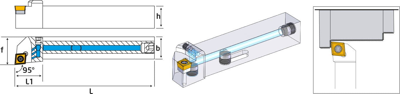 Technische Zeichnung eines Stech-Klemmhalters. Schwarze Linien auf weißem Hintergrund. Die Wendeplatten sind in Gelb angezeigt. Mit Größenangaben. Oben befindet sich die Seitenansicht, unten die Oberansicht.