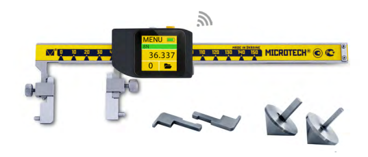 150mm Digitaler Universal-Messschieber Microtech: Gelbes Metallgehäuse, Touchscreen, Wireless-Symbol