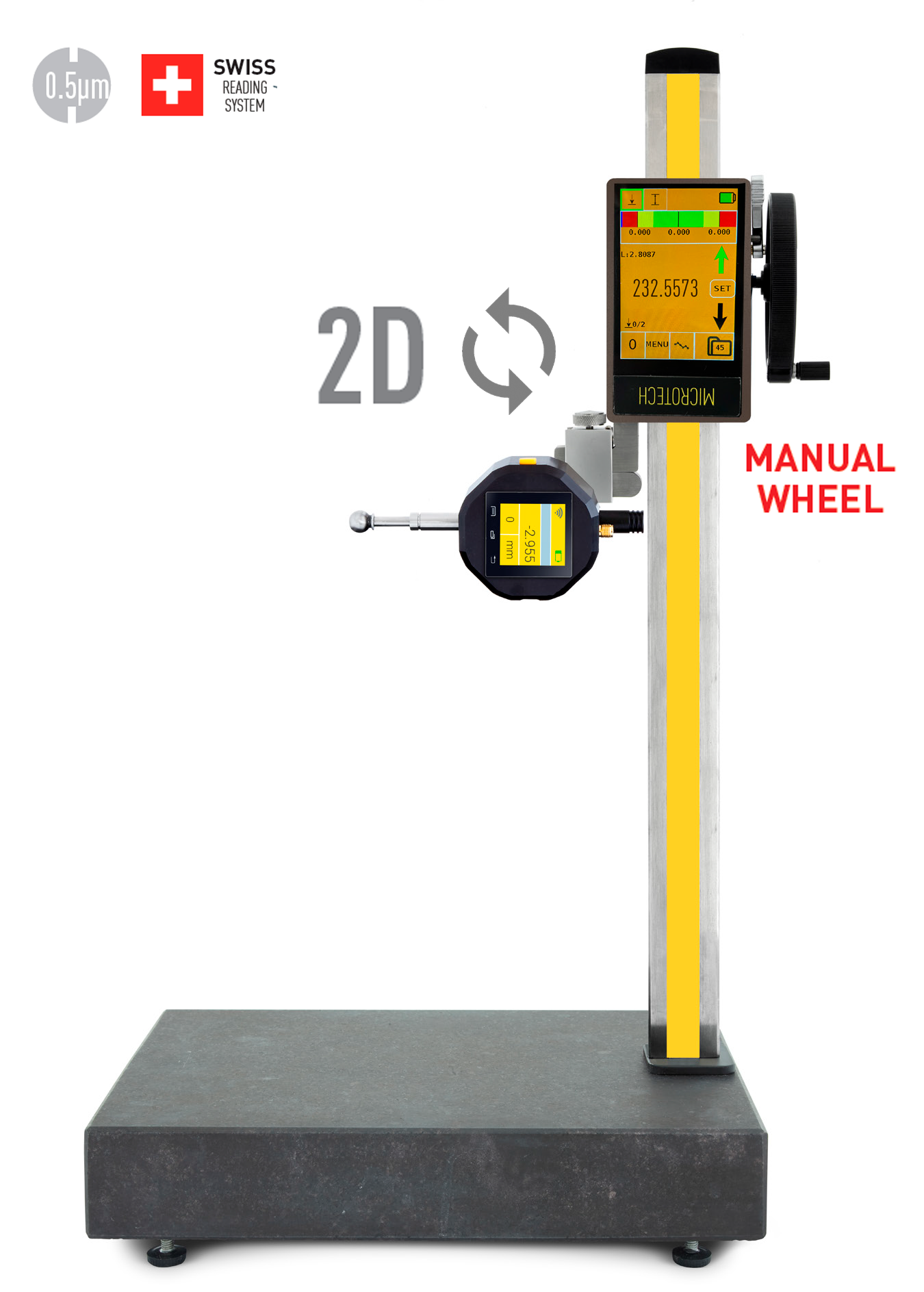 Microtech Metrology 2D Messmaschine 0-600mm, Frontalansicht mit 3.5" Touchscreen und Laser Sensor.