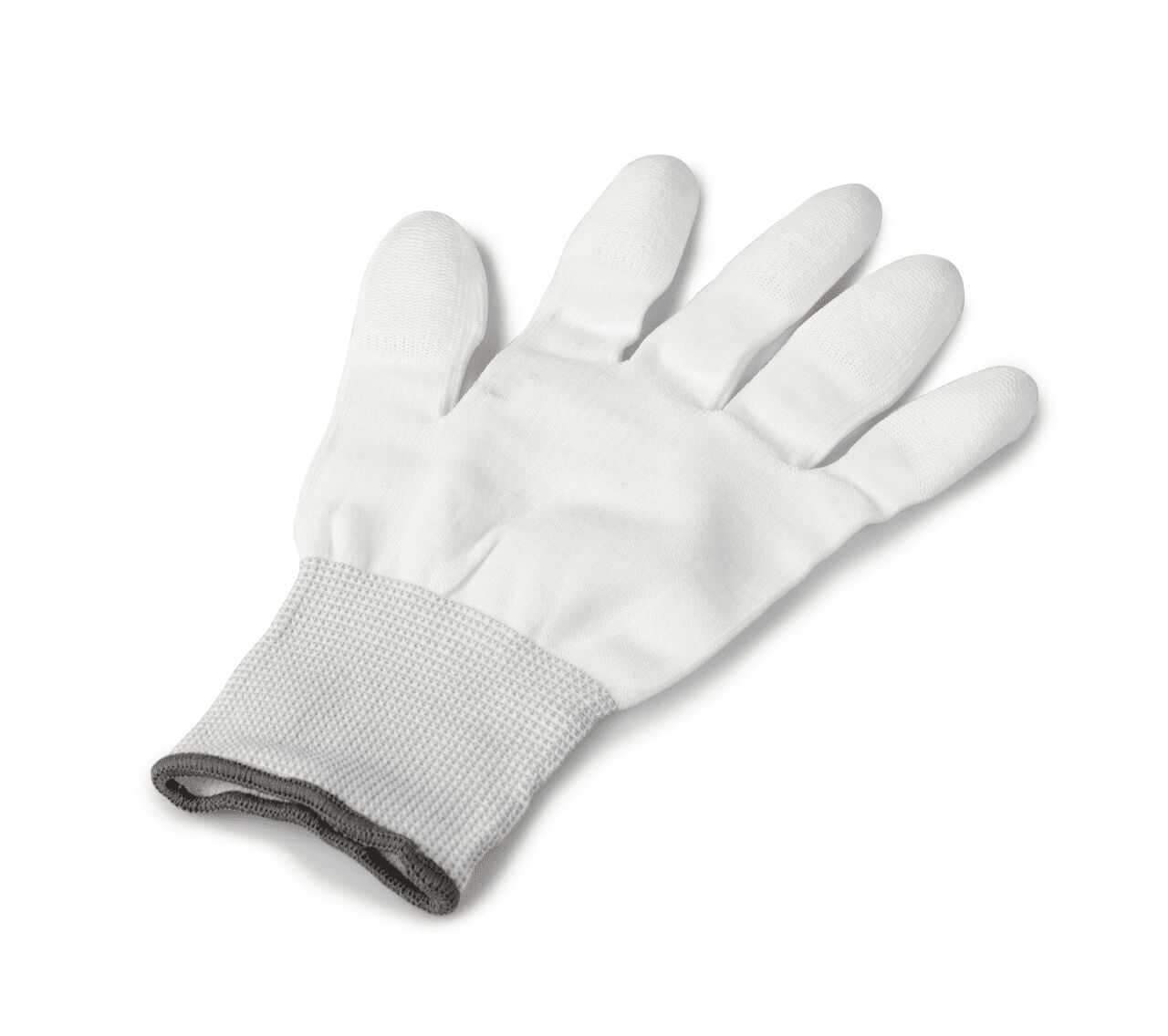 Ein Handschuh auf weißem Hintergrund. Der Handschuh liegt flach auf einer Oberfläche. Um das Handgelenk ist der Bund elastisch und am unteren Rand kann man eine dunkelgraue Borde sehen.