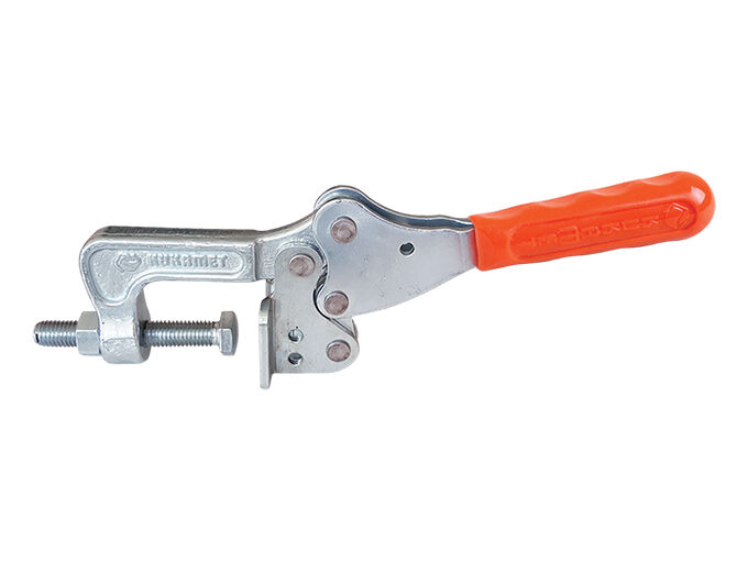 Spannzwinge, Kniehebelspanner, Metall, roter Griff, Gewindespindel