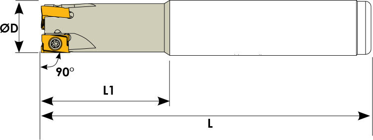 Technische Zeichnung eines Schaftfräsers. Schwarze Linien auf weißem Hintergrund. Die Wendeplatten sind in Gelb angezeigt. Mit Größenangaben.