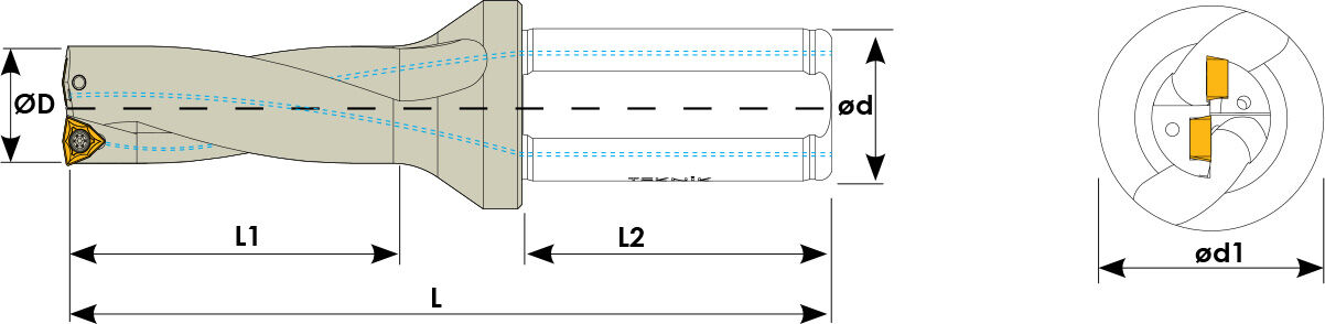 Technische Zeichnung eines Vollbohrers. Schwarze Linien auf weißem Hintergrund. Die Wendeplatten sind in Gelb angezeigt. Links befindet sich eine Seitenansicht, auf der rechten eine Vorderansicht. Mit Größenangaben.