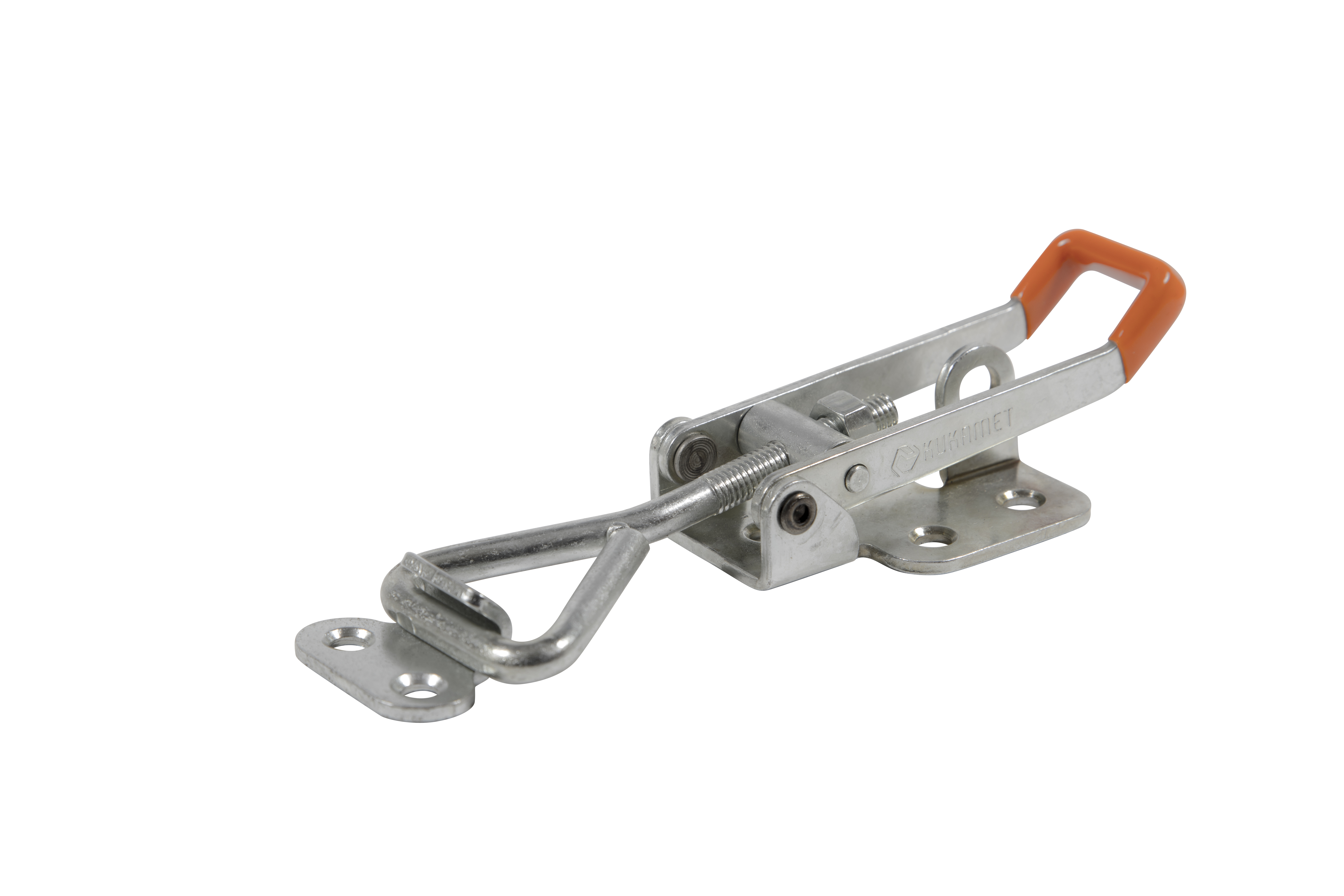 Kukamet Verschlussspanner 2000N: Verzinktes Metall, waagerechter Fuß, orange silikonisierter Griff, Seitenansicht