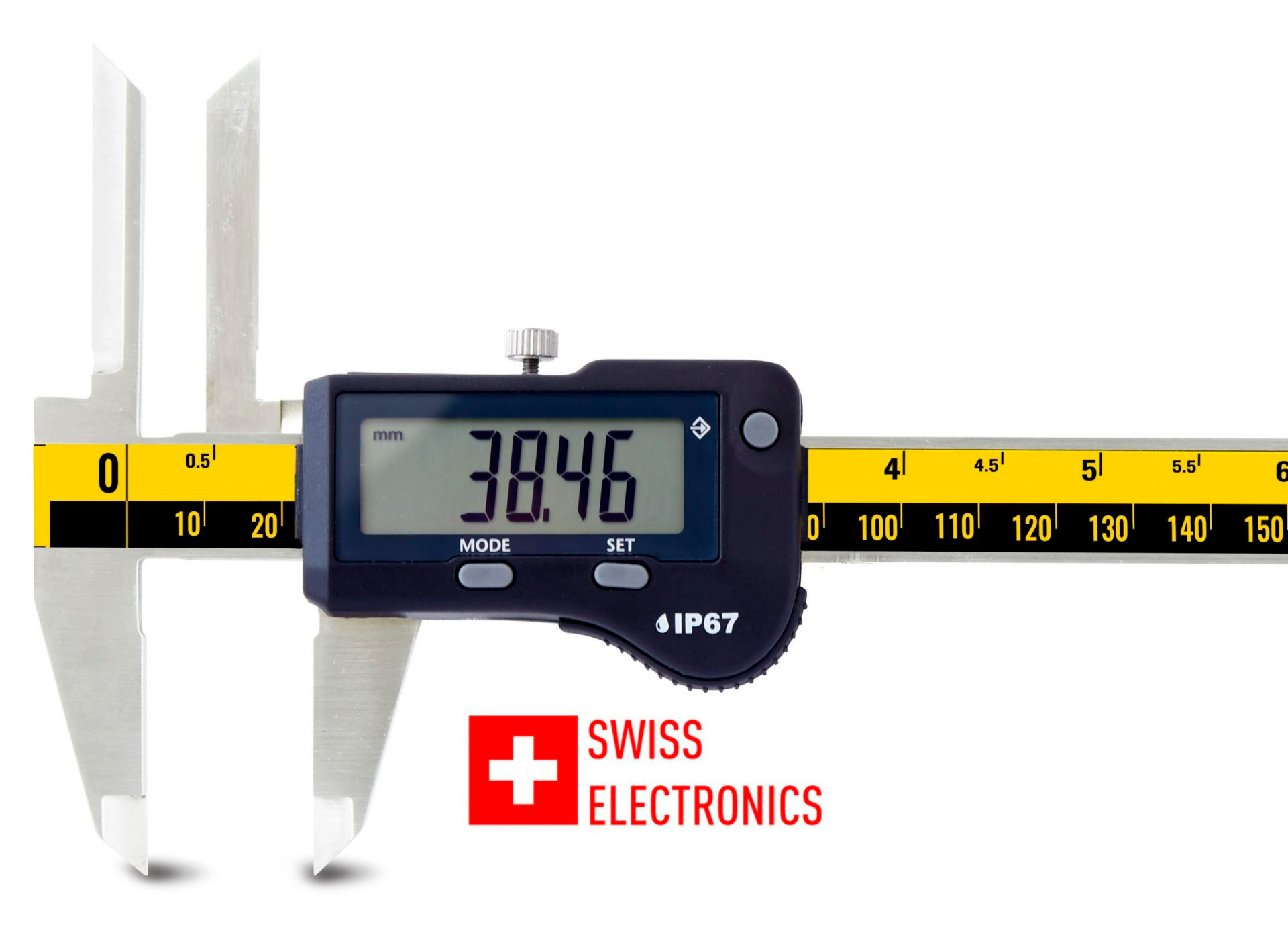 Microtech Digitaler Messschieber 300mm: Frontalansicht, silbernes Metall, schwarzes Display mit Messwert 38.46mm