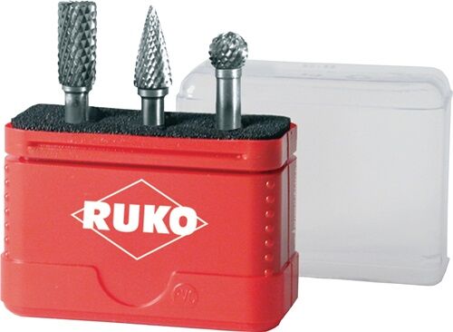 Ruko Frässtift-Satz Vollhartmetall 3-teilig: Zylinder, Spitzbogen, Kugel in roter Box mit Deckel