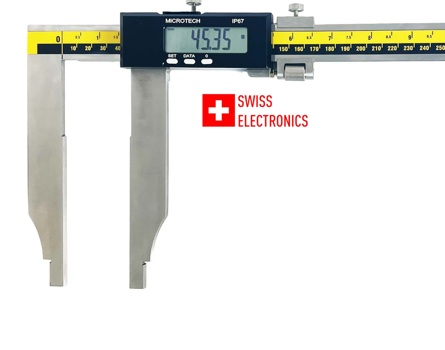 Microtech Digitaler Messschieber 600mm – Swiss Electric Display, IP67-Schutz, ISO 17025 kalibriert, Frontalansicht