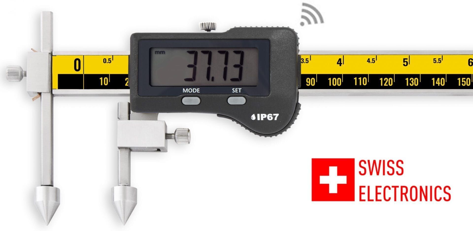 1020mm Digitaler Messschieber: Frontalansicht mit Messspitzen, Swiss Digit Display 37.73mm, IP67-Wireless-Symbol