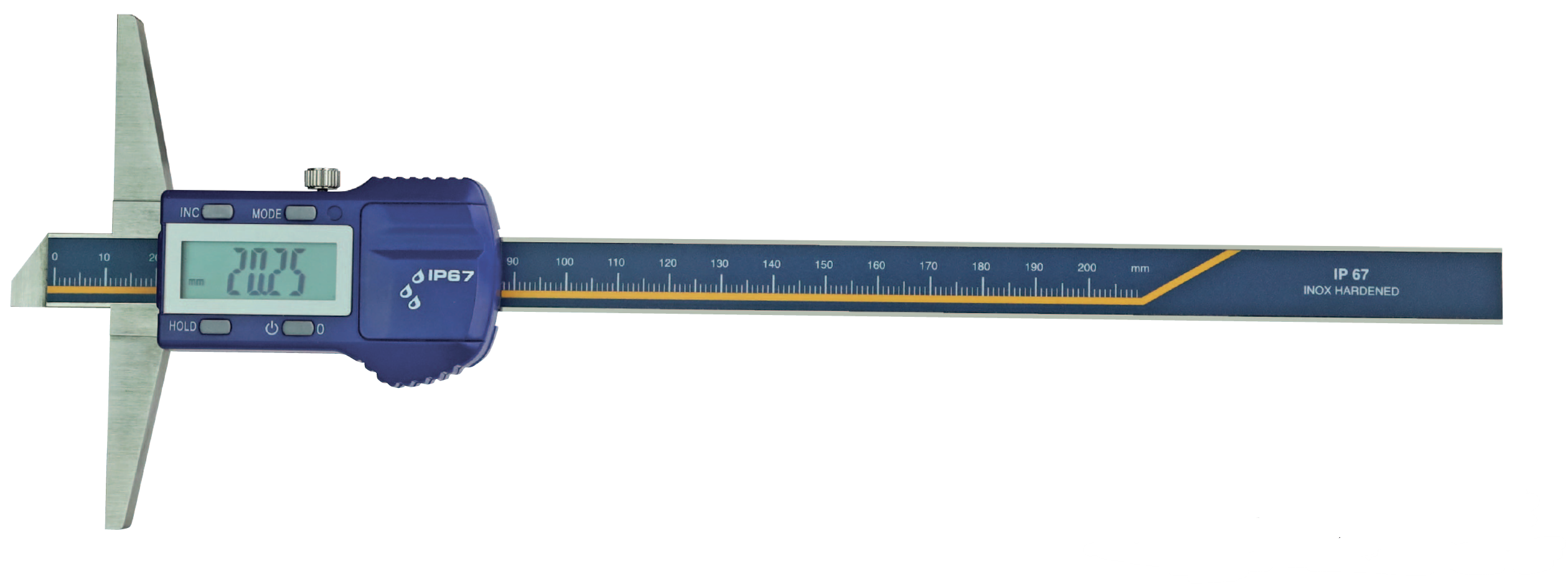 Digitaler Tiefenmessschieber, Edelstahl, Blaue Anzeige, IP67 wasserdicht, 200 mm Messbereich