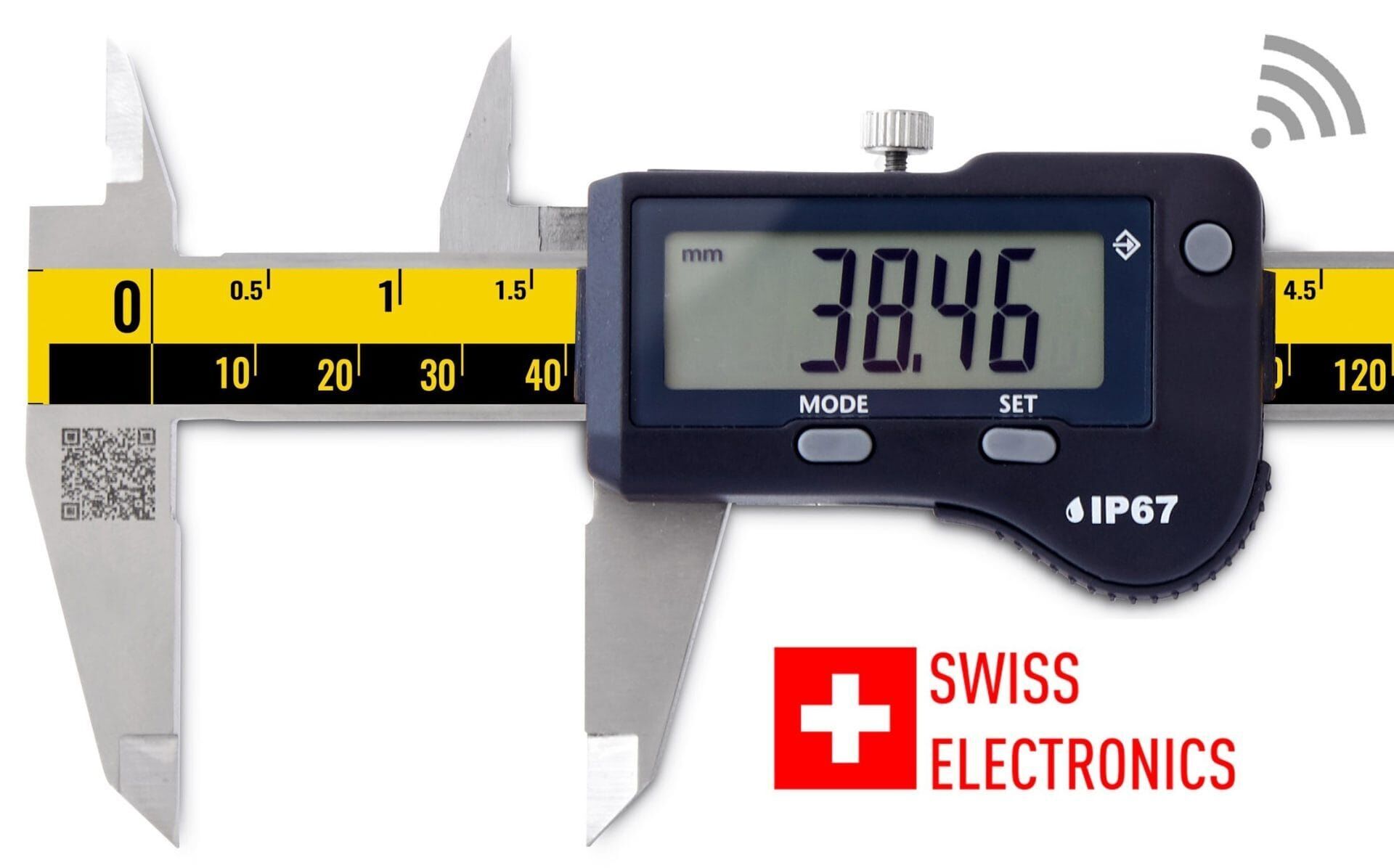 Digitaler Präzisionsmessschieber 150mm: Nahaufnahme, Stahl, schwarzes Gehäuse, gelb-schwarze Skala, 38.46mm Anzeige