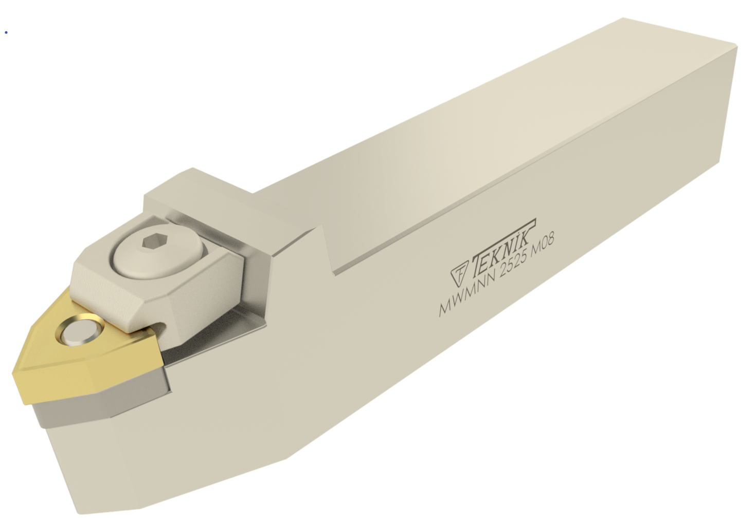 Klemmhalter MWMN auf weißem Hintergrund. Mit einer Wendeplatte des Typs WN--. Auf der Seite des Werkzeugs befinden sich das Logo des Herstellers und der Artikelcode.