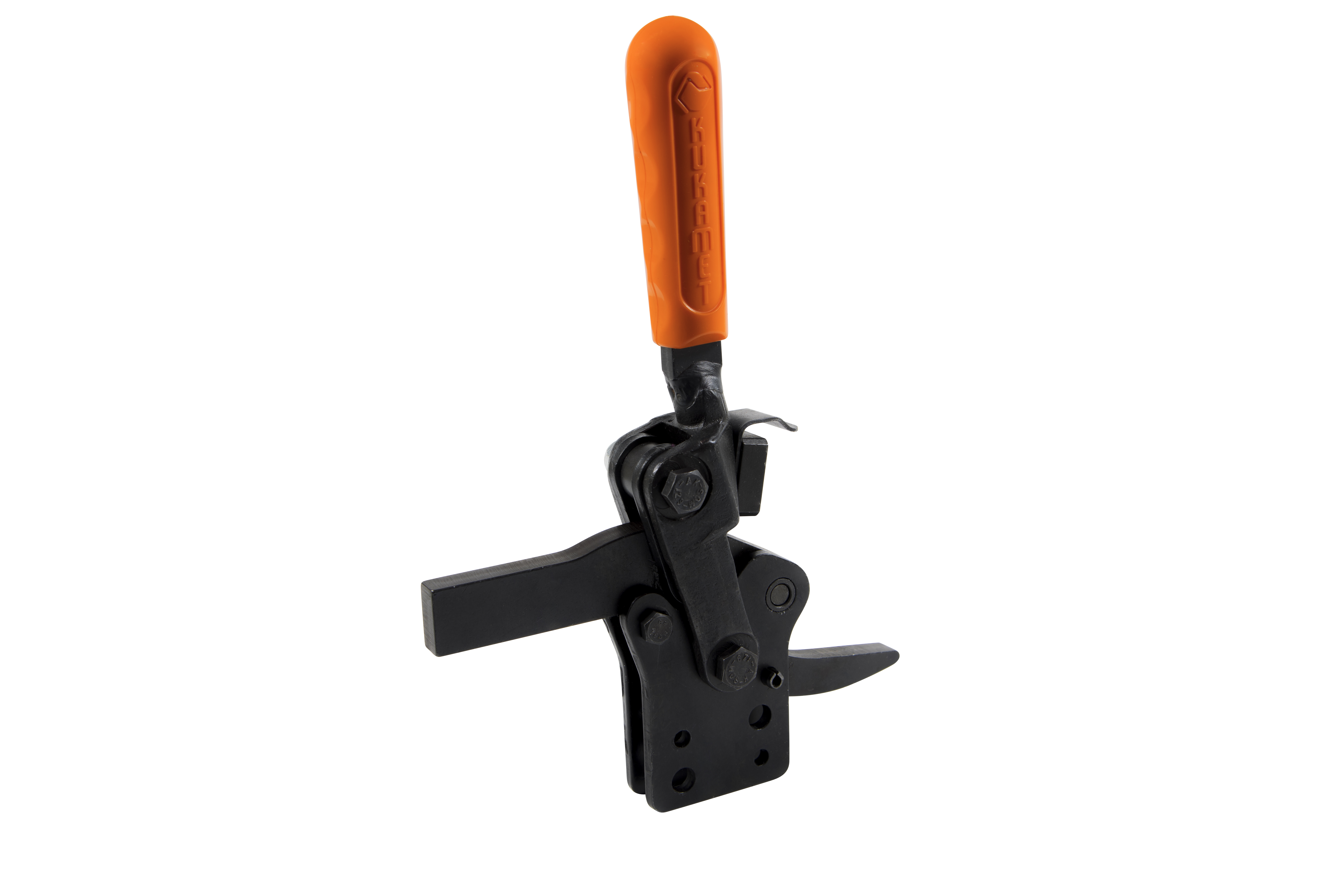 Kukamet Vertikalspanner 242-4-D-L-C2: Schwarzer Hebelspanner mit massivem Arm und orangem Griff, Frontalansicht