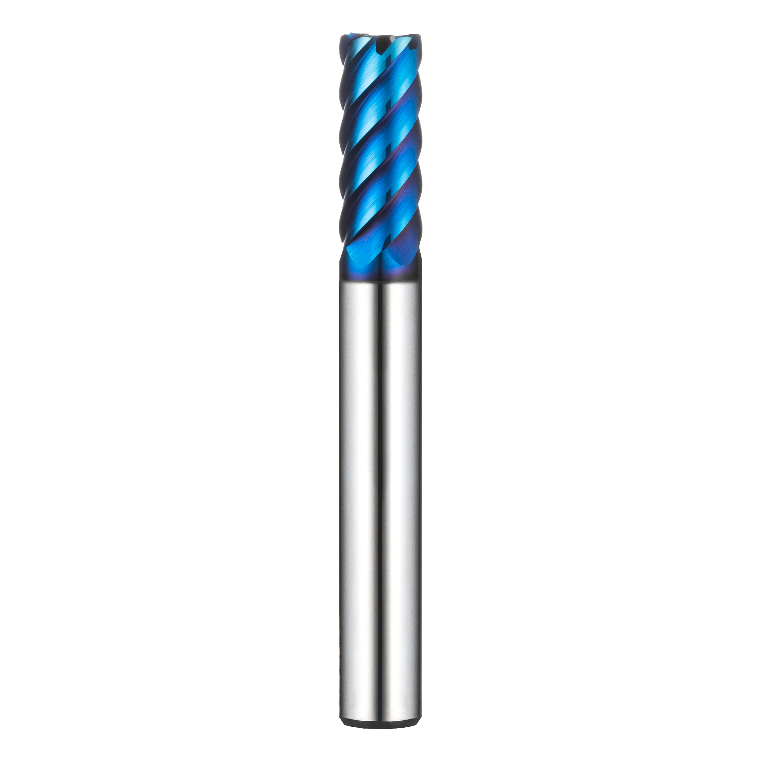 Aufrecht stehender Mini-Schaftfräser auf durchsichtigem Hintergrund. Die Spitze ist blau und gerade abgeschnitten. Mit 6 Schneiden.
