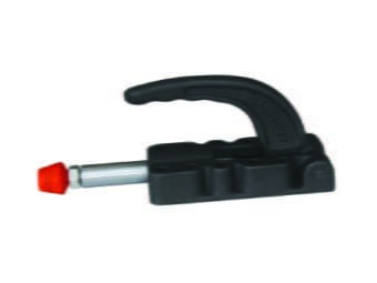 Kukamet Schubstangenspanner auf weißem Hintergrund. Körper und Griff sind aus Gusseisen. Der Griff ist nach vorne gebogen. Der Arm endet in einem roten Kunststoffkopf.