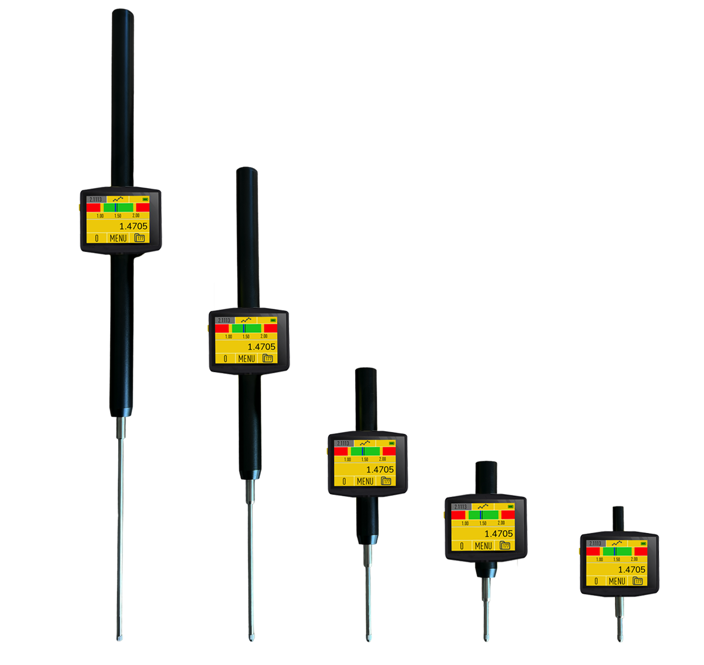 Microtech Metrology 12,5mm Messuhr: Fünf Größen mit schwarzem Gehäuse, Color Touchscreen, Frontalansicht