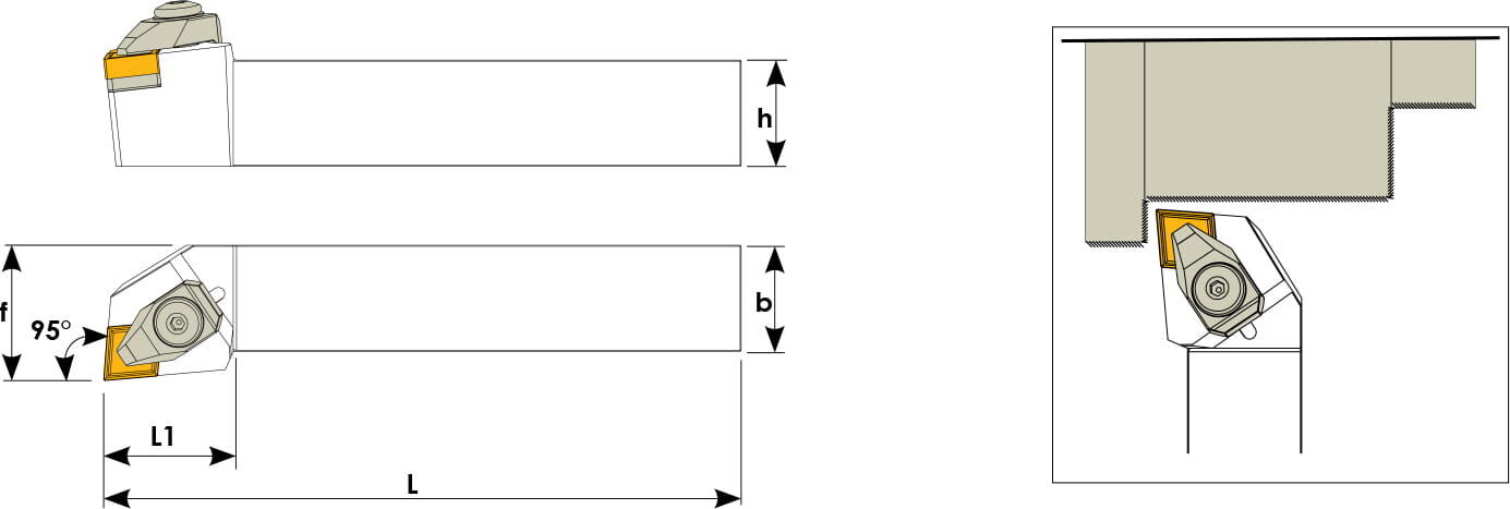 Technische Zeichnung eines Stech-Klemmhalters. Schwarze Linien auf weißem Hintergrund. Die Wendeplatten sind in Gelb angezeigt. Mit Größenangaben. Links befinden sich eine Vorder- und Seitenansicht, links davon ein Benutzungsbeispiel.