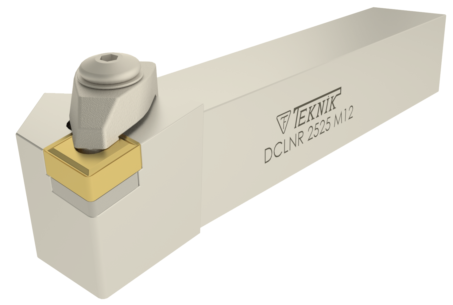 Klemmhalter DCLN auf durchsichtigemHintergrund. Mit einer Wendeplatte des Typs CN--. Auf der Seite des Werkzeugs befinden sich das Logo des Herstellers und der Artikelcode.