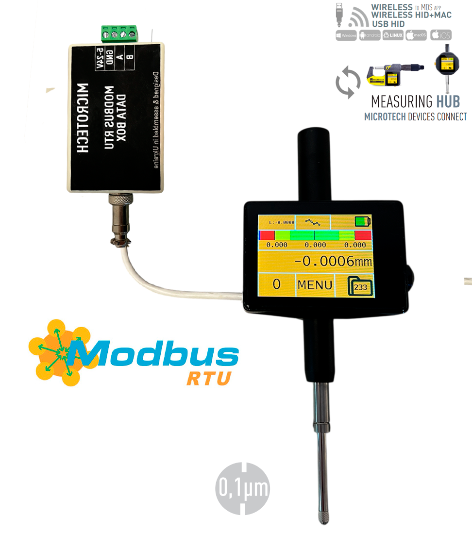 Microtech 50,8mm Messuhr: Digitalanzeige mit Modbus RTU Box in Frontalansicht