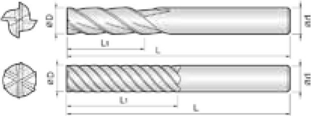 Technische Zeichnung von zwei Schaftfräser. Seitenansicht, daneben befindet sich zwei Vorderansichten. Neben den Zeichnungen befinden sich Linien und Buchstaben für die Größenangaben.
