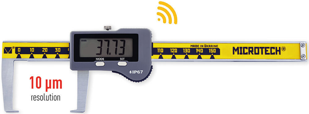 Microtech Digital Messschieber 150mm: Grau-silbernes Gerät, gelbe Skala, 37.73mm Anzeige, 10µm Auflösung, Frontalansicht