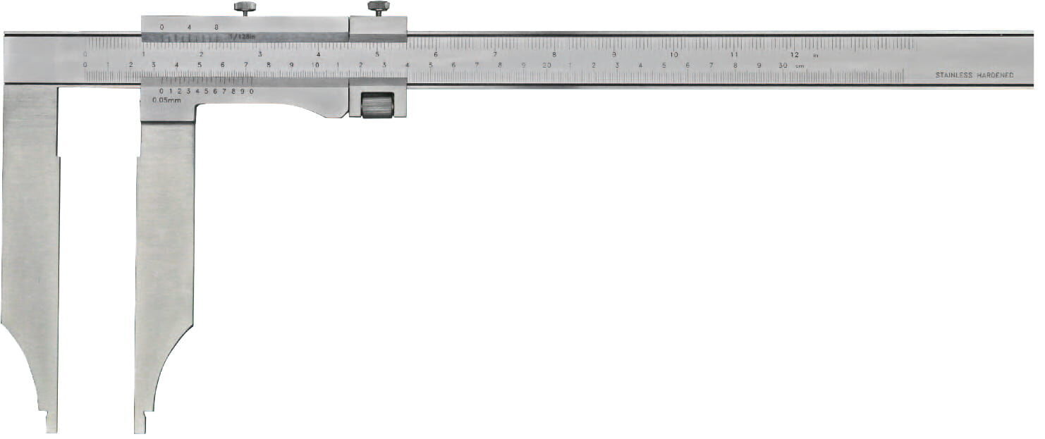 Metav 1500mm Werkstatt-Messschieber: Monoblock aus mattverchromtem Edelstahl, mit Feineinstellung, Vorderansicht