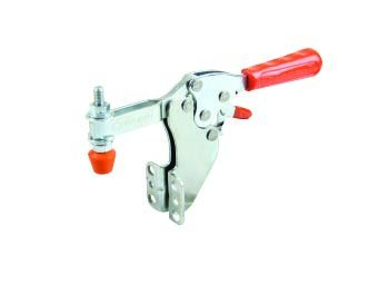 Horizontalspanner mit Winkelfuß auf weißem Hintergrund. Der Griff ist von rotem Kunststoff umwickelt.  Dieses Modell verfügt über eine Sicherheitsverriegelung.