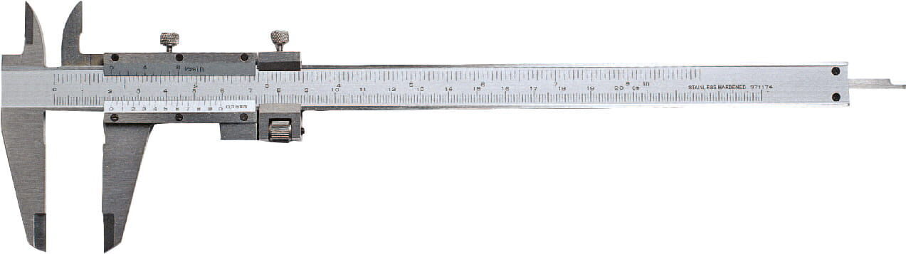 Metav M201.043 Analog Taschen-Messschieber: Frontalansicht, mattverchromter Spezialstahl mit Feststellschraube