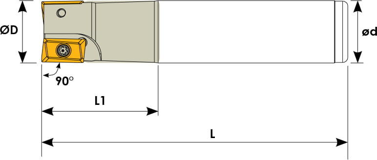 Technische Zeichnung eines Schaftfräsers. Schwarze Linien auf weißem Hintergrund. Die Wendeplatten sind in Gelb angezeigt. Mit Größenangaben.