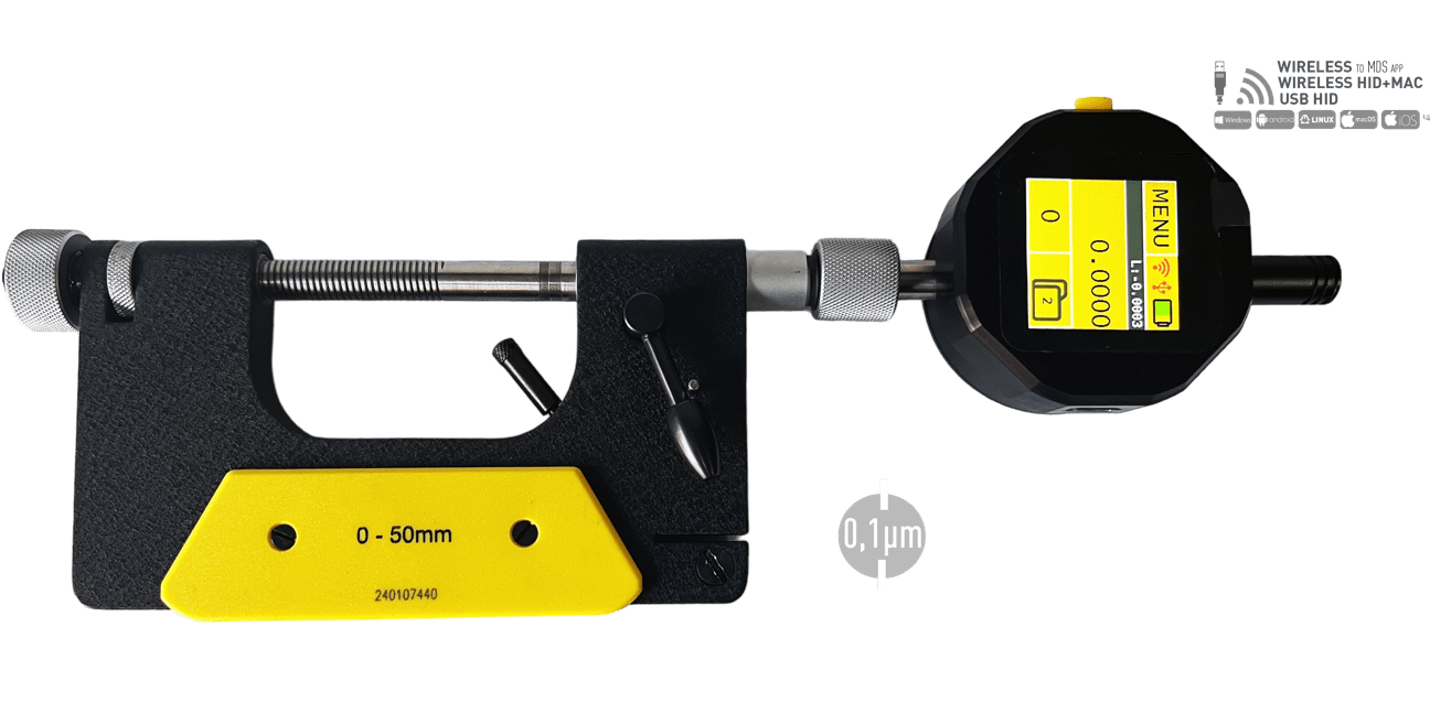 Microtech Metrology Digitale Bügelmessschraube 100-150mm, schwarz, mit Wireless+USB-Display, Frontalansicht