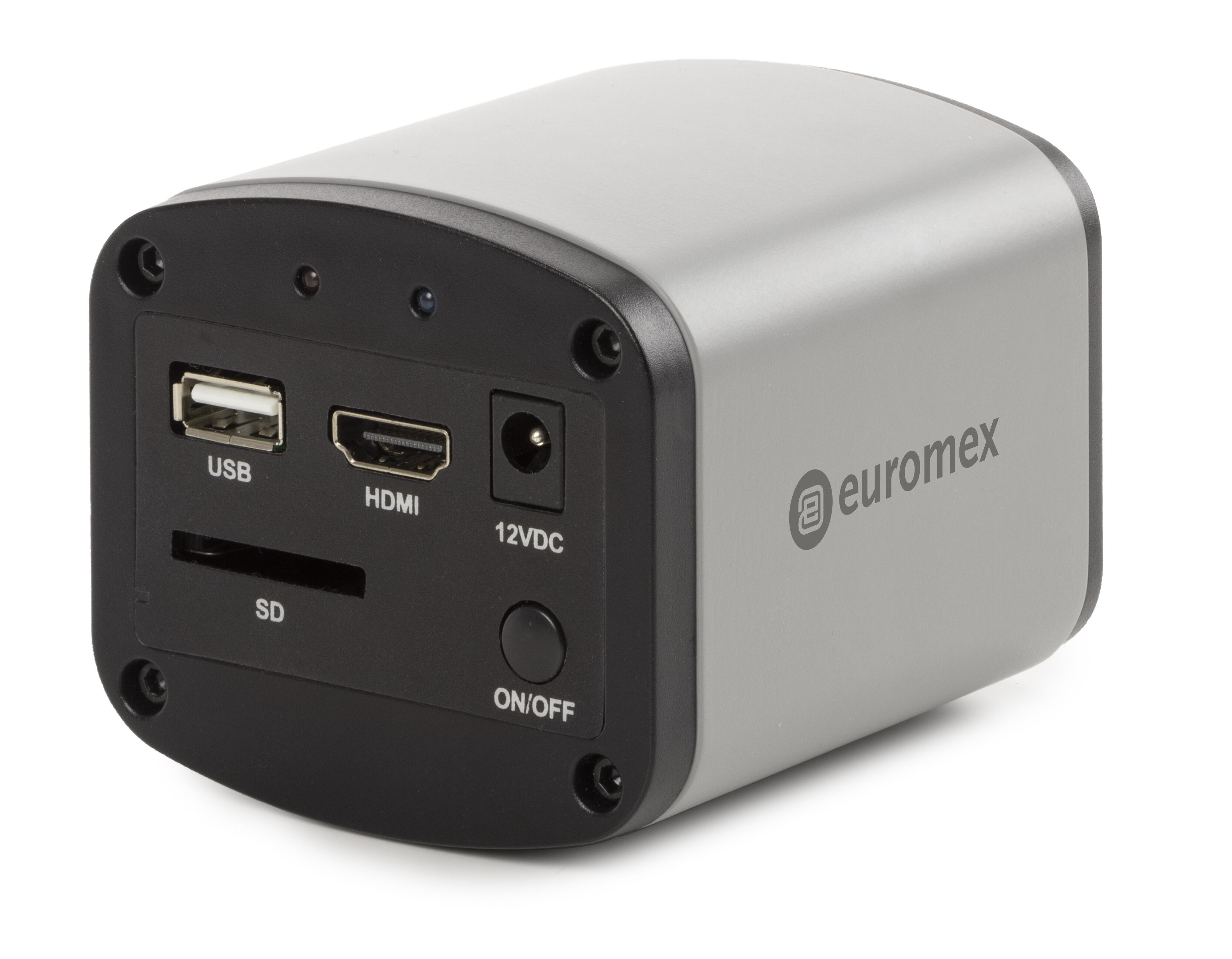 Rückansicht einer Euromex HD-Farbkamera auf weißem Hintergrund. Das Gehäuse ist grau und die Rückseite schwarz. Auf der Rückseite kann man die USB- und SD-Karten-Eingänge sehen. Auf der Seite steht das Logo von Euromex.