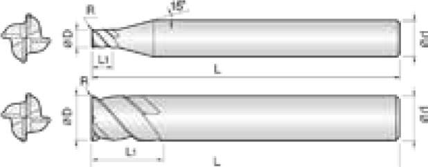 Technische Zeichnung von zwei Schaftfräser. Seitenansicht, daneben befindet sich zwei Vorderansichten. Neben den Zeichnungen befinden sich Linien und Buchstaben für die Größenangaben.