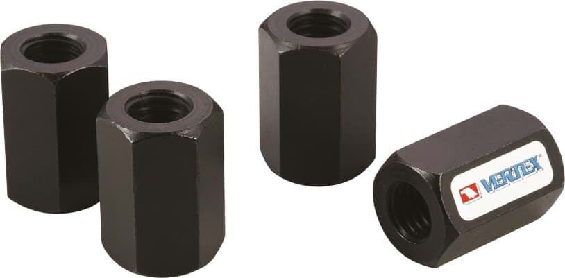Vertex M24x3mm Kupplung 2618M: Vier schwarze, sechskantige Verbindungselemente, schräg von oben, mutter, sechsecksmutter, hexmutter, schwarz, gewinde-mutter
