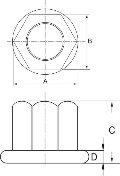 Vertex Flansch: Technische Zeichnung, Aufsicht und Seitenansicht einer Sechskantmutter mit Flansch