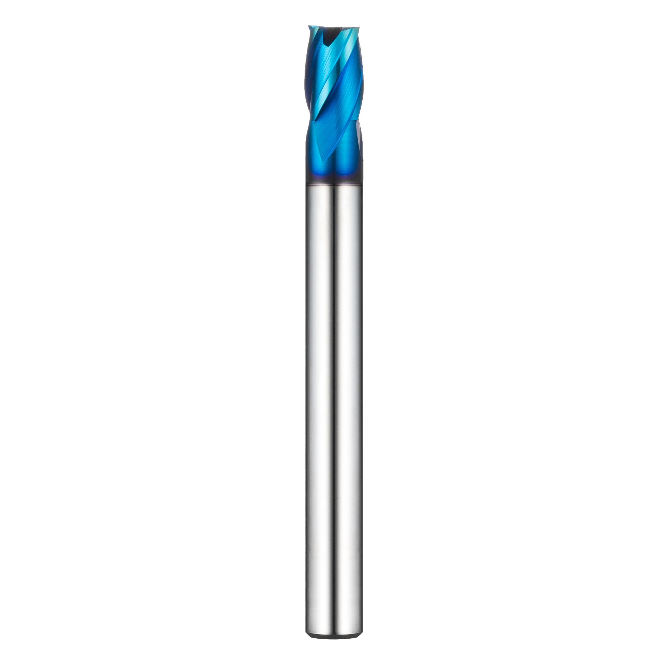 Aufrecht stehender Mini-Schaftfräser auf durchsichtigem Hintergrund. Die Spitze ist blau und gerade abgeschnitten. Mit 4 Schneiden.