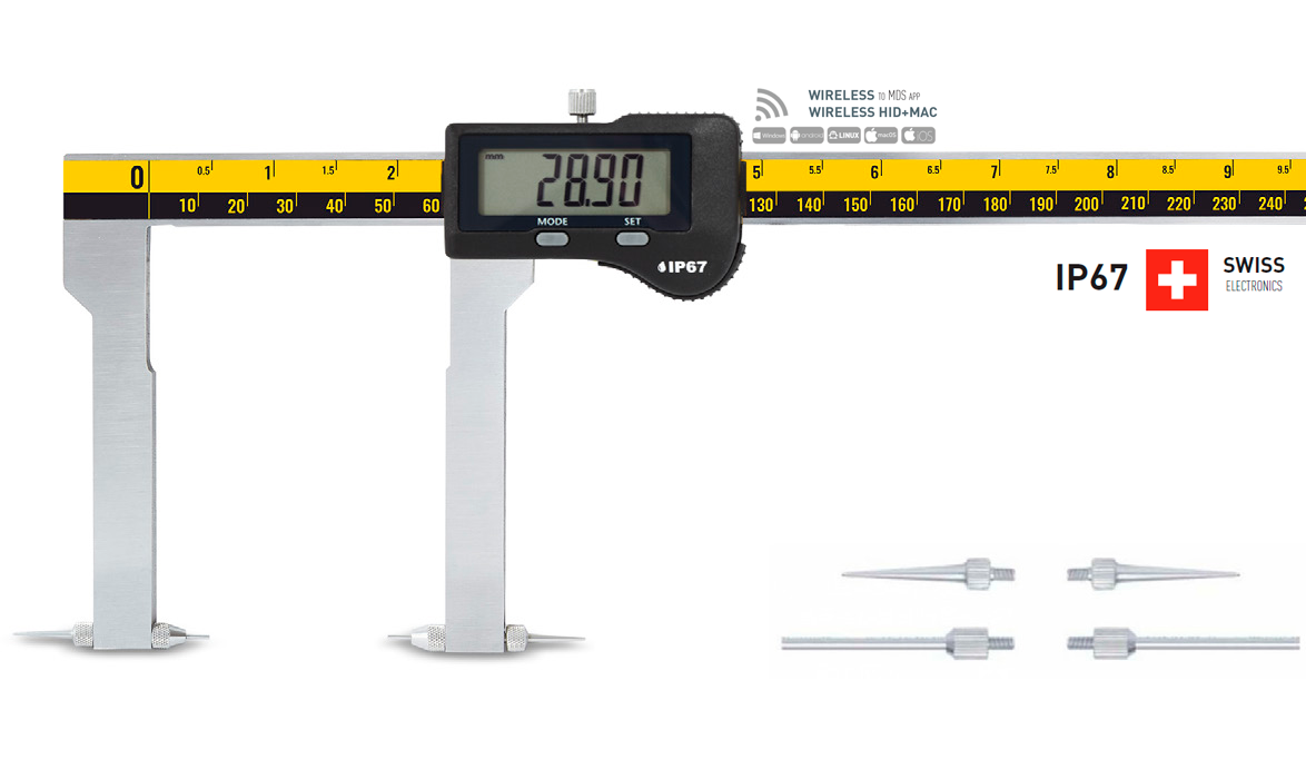 Microtech Digitaler Messschieber 500mm, IP67: Frontalansicht mit Display, auswechselbaren Messspitzen