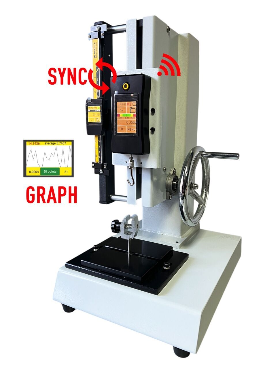 Microtech Metrology 180mm Teststand Digital: Weiß-grauer Korpus, Touchscreen-Display, Wireless-Symbol in Frontansicht
