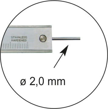 Metav Taschen-Messschieber M201.014: Detailansicht rundes Tiefenmaß 2,0mm aus mattverchromtem Inox