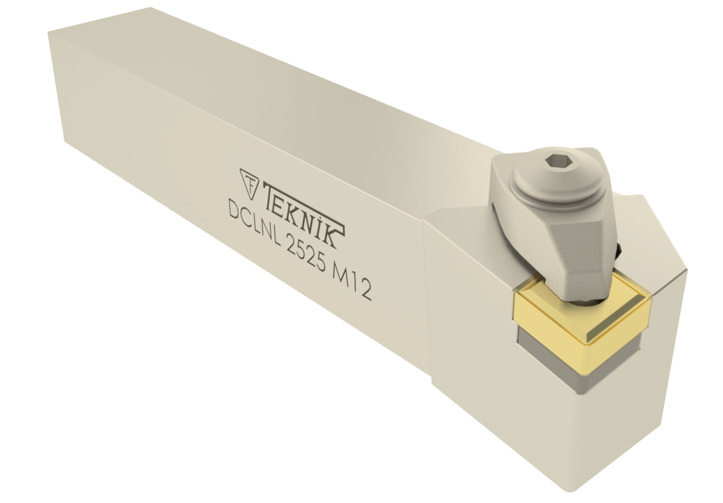 Klemmhalter DCLN auf weißem Hintergrund. Mit einer Wendeplatte des Typs CN--. Auf der Seite des Werkzeugs befinden sich das Logo des Herstellers und der Artikelcode.