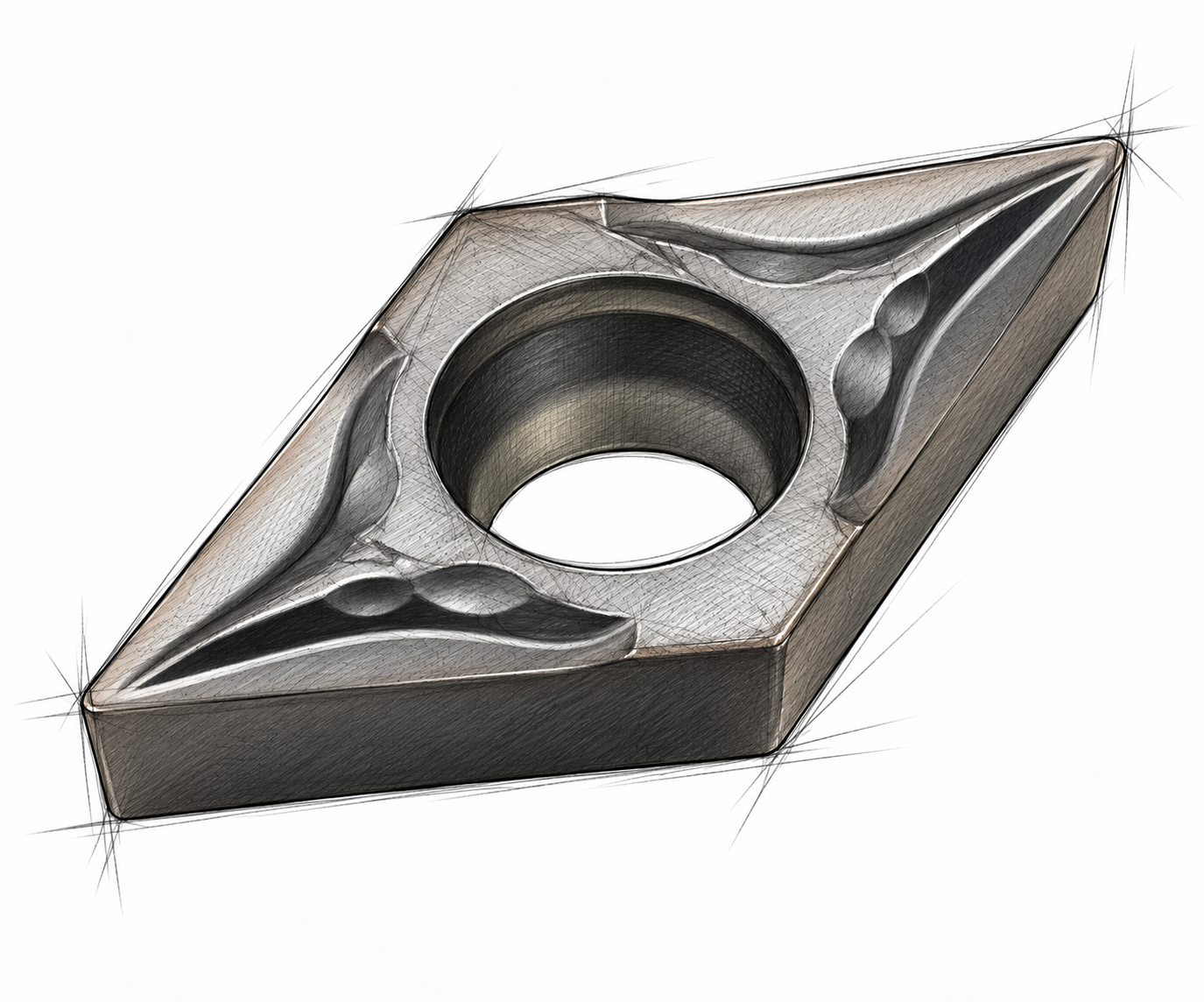 Drehmeißelplatte, Hartmetall, Diamantform, Befestigungsbohrung, Metallisch grau