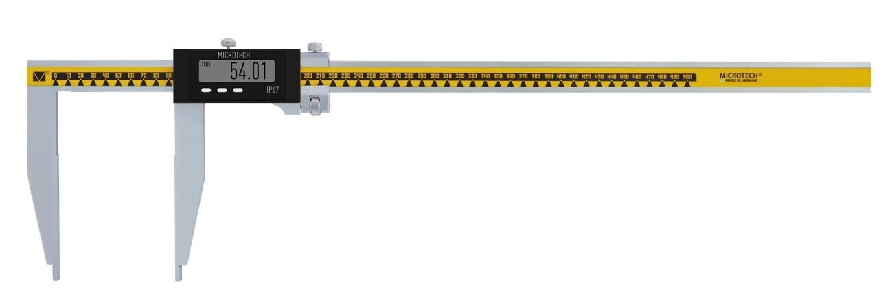 Microtech Digitaler Messschieber 1500mm - Frontalansicht silber, gelb, schwarz mit 54.01mm Anzeige
