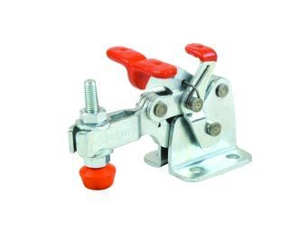 Kukamet 90° Vertikalspanner 251-4-L: Verzinkter Stahl, oranger Griff, waagerechter Fuß, Frontalansicht, Schwerlastkupplung, Schwenkbar, Metall, Rotknopf, Montagebasis