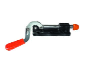 Kukamet Schubstangespanner auf weißem Hintergrund. Der Fuß ist flach und aus Gusseisen. Der Griff ist nach unten gebogen und mit rotem Kunststoff ummantelt. Der Arm endet in einem rotem Kunststoffkopf.