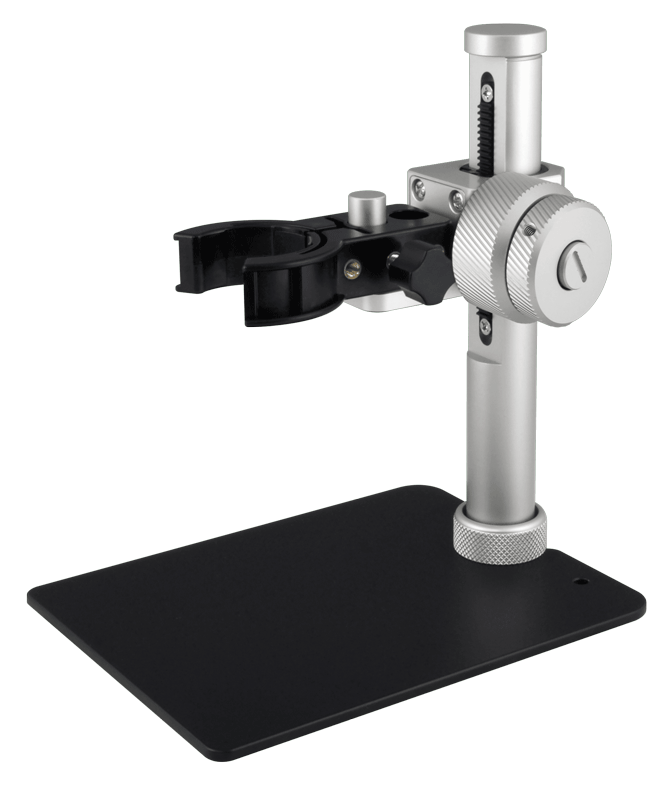 Dino-Lite RK-04F Rack-Stativ: Silbernes Aluminium-Stativ mit schwarzer Basis und Halterung, Frontalansicht