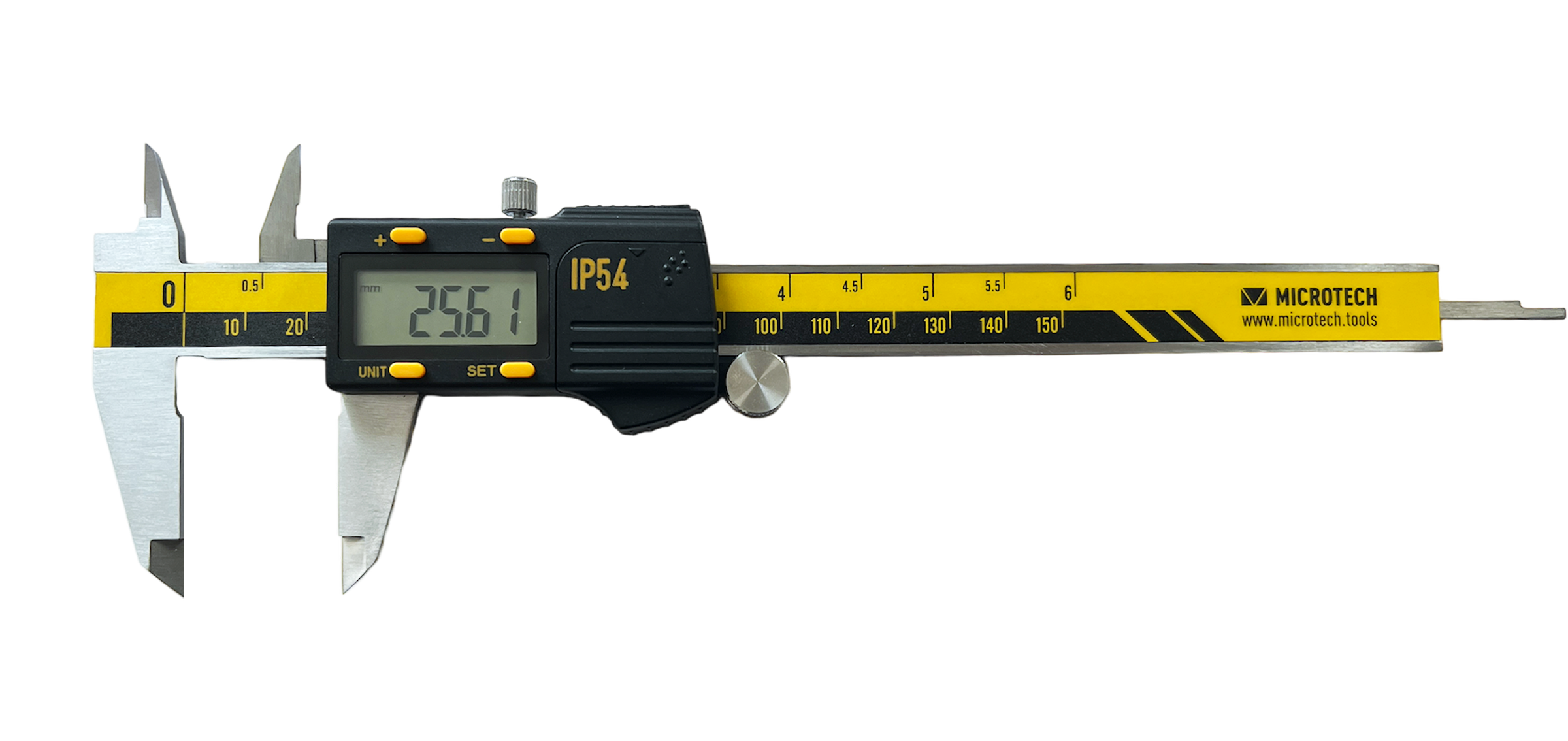 Microtech Metrology 150mm Digitaler Messschieber: Frontalansicht mit 25,61mm Anzeige, schwarz-gelbes Gehäuse
